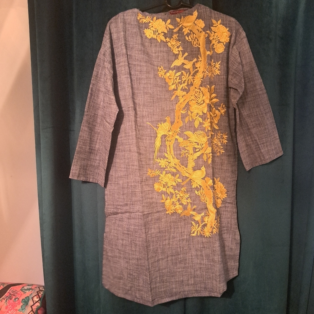 Gray Dress with Yellow Floral Embroidery
